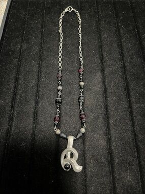 L👀K 3 for $10 Silver/Pewter  'R' Initial Pendant Necklace with Garnet Accents